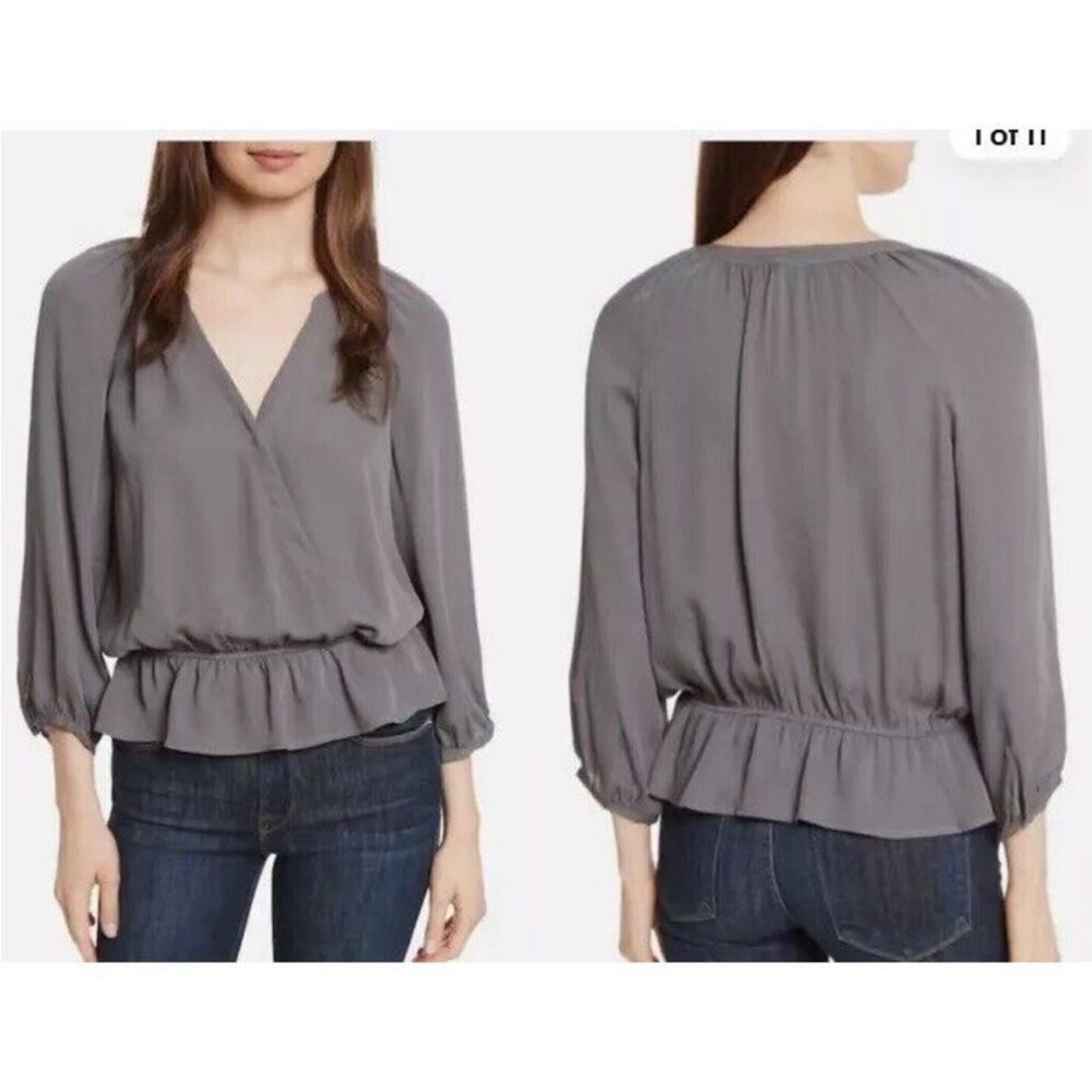 Joie‎ Womens 100% Silk Peplum Blouse Charcoal Grey V-Neck Wrap Top XS